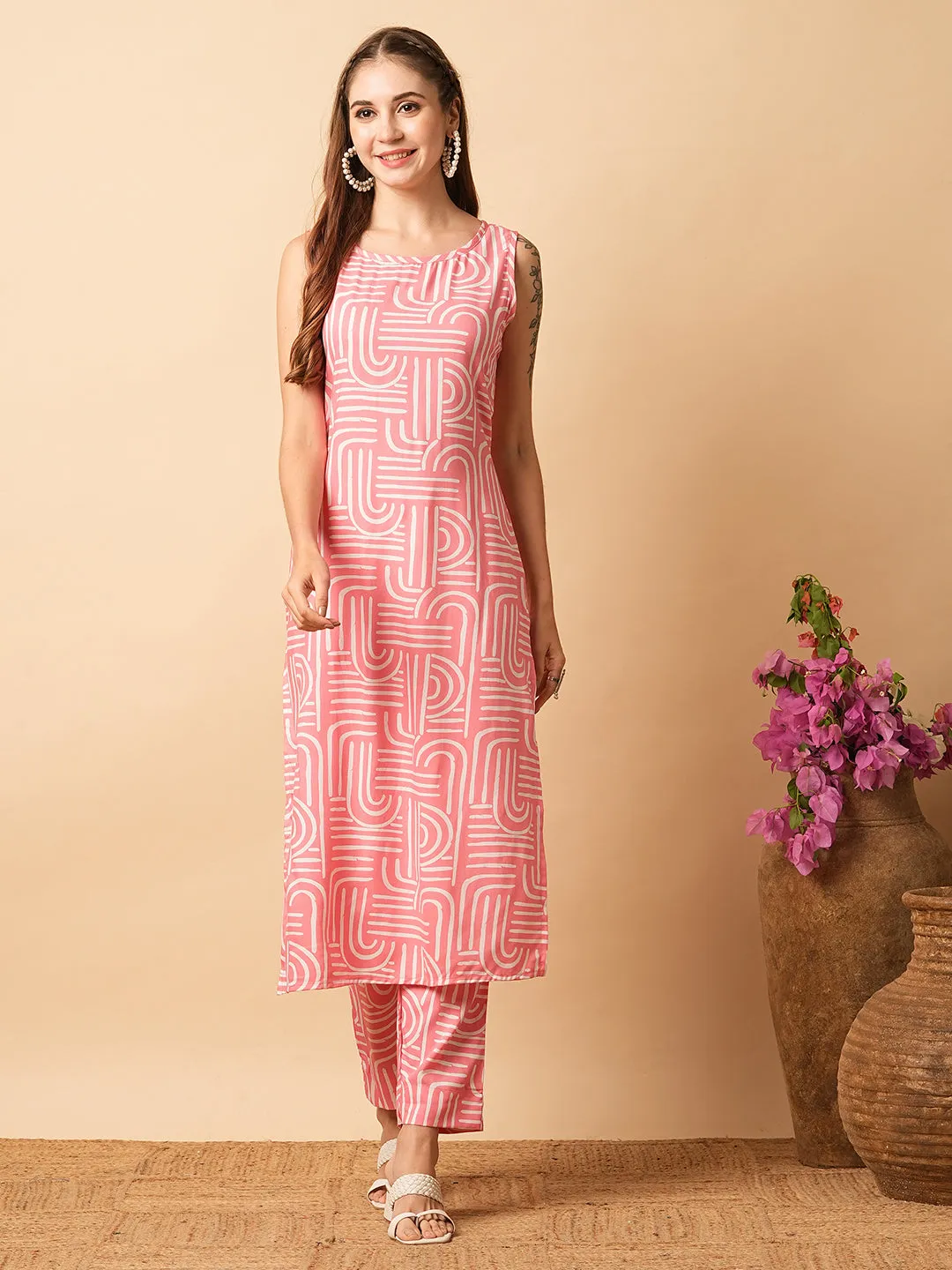 Abstract Geometric Printed Straight Fit Co-ord Set - Pink