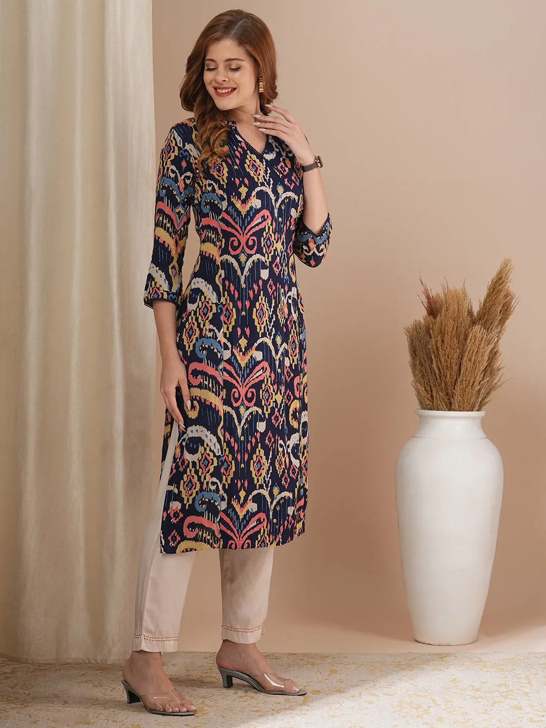 Abstract Ikat Printed Straight Fit Kurta - Navy Blue