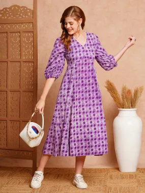 Abstract Polka Dot Printed A-Line Paneled Midi Cotton Dress - Purple