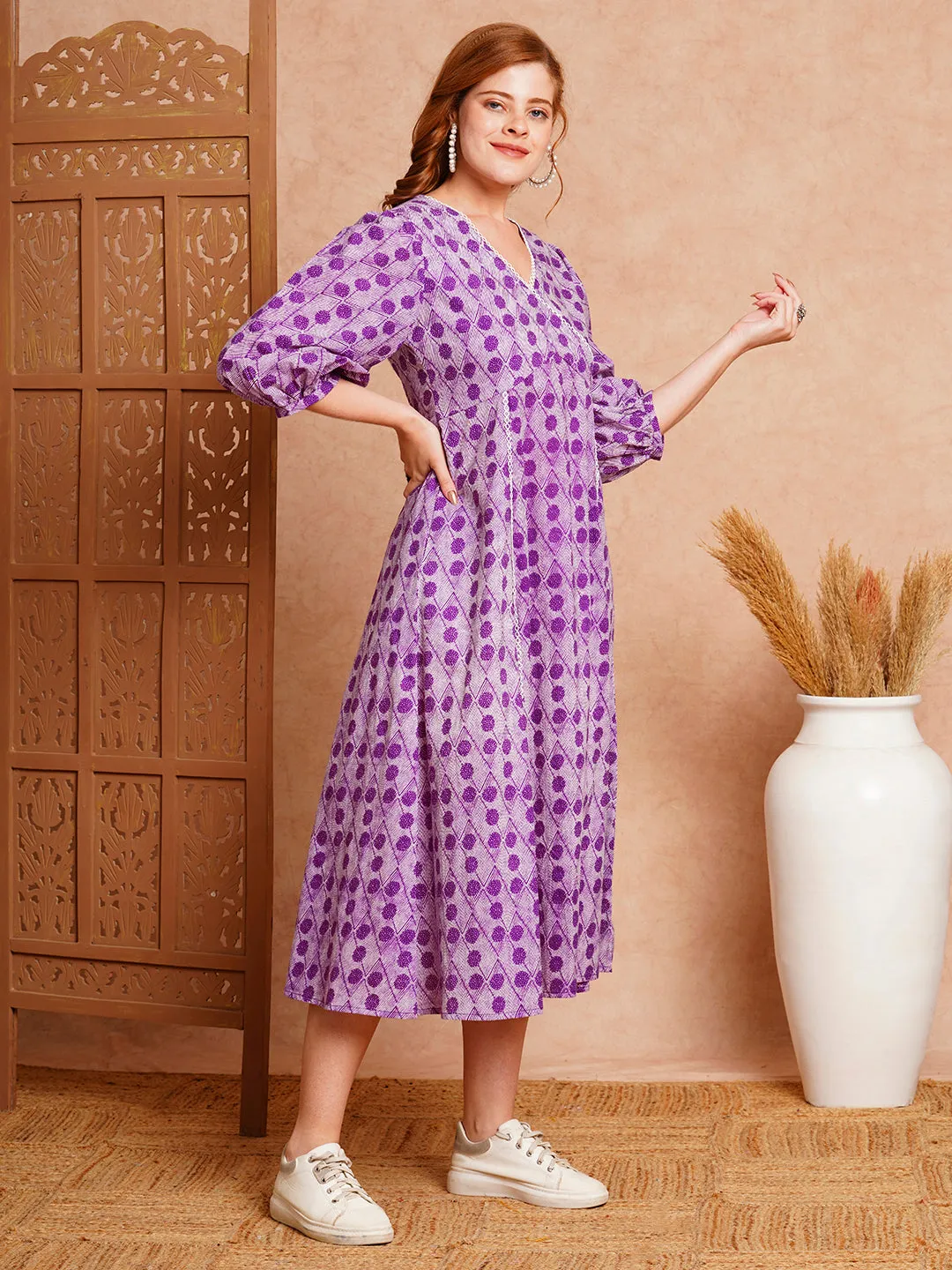 Abstract Polka Dot Printed A-Line Paneled Midi Cotton Dress - Purple