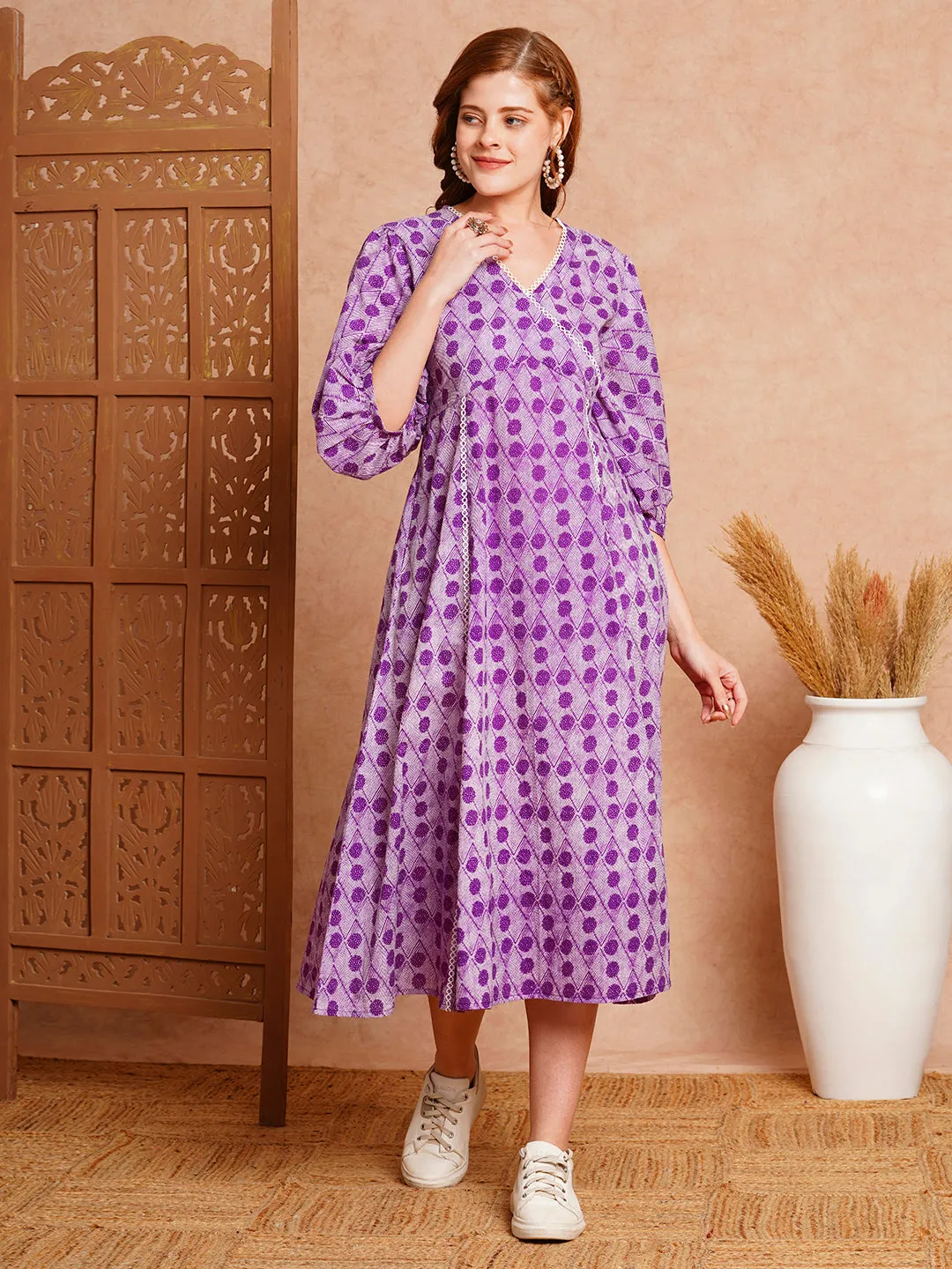 Abstract Polka Dot Printed A-Line Paneled Midi Cotton Dress - Purple