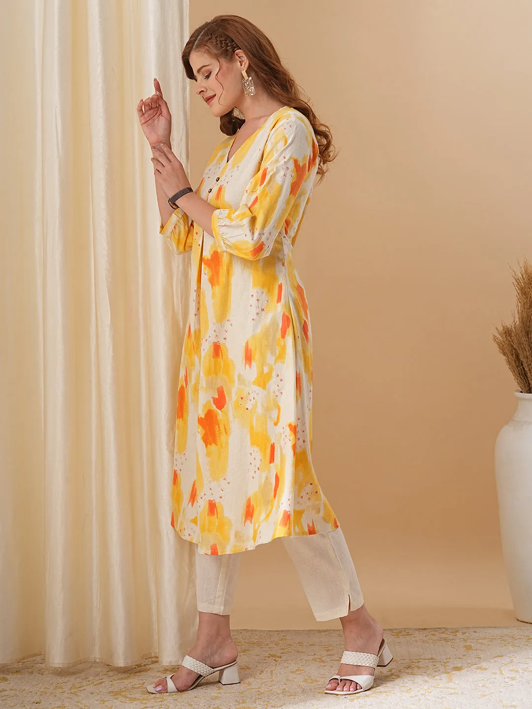 Abstract Printed A-Line Flared Kurta with Pant - Yellow