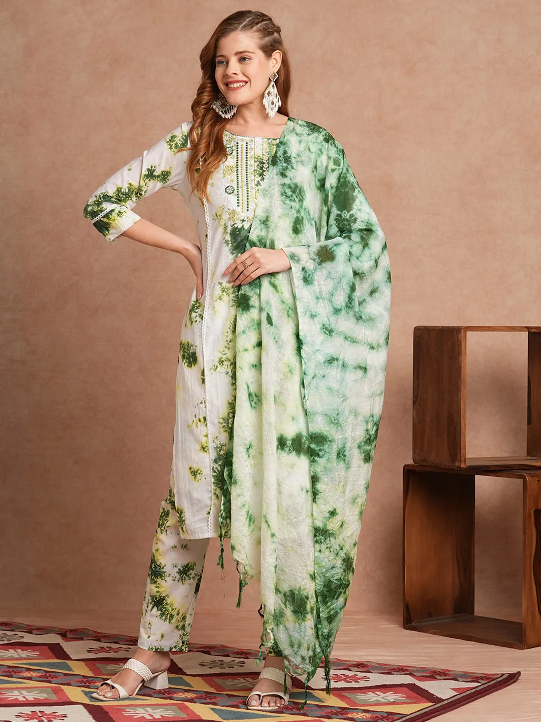 Abstract Printed & Embroidered Straight Fit Kurta with Pant and Dupatta - Multi