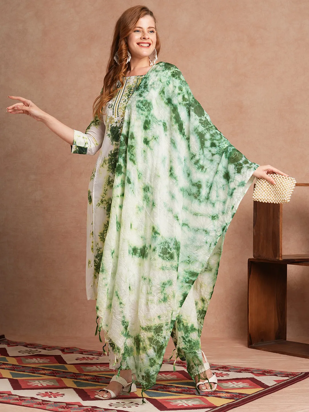 Abstract Printed & Embroidered Straight Fit Kurta with Pant and Dupatta - Multi