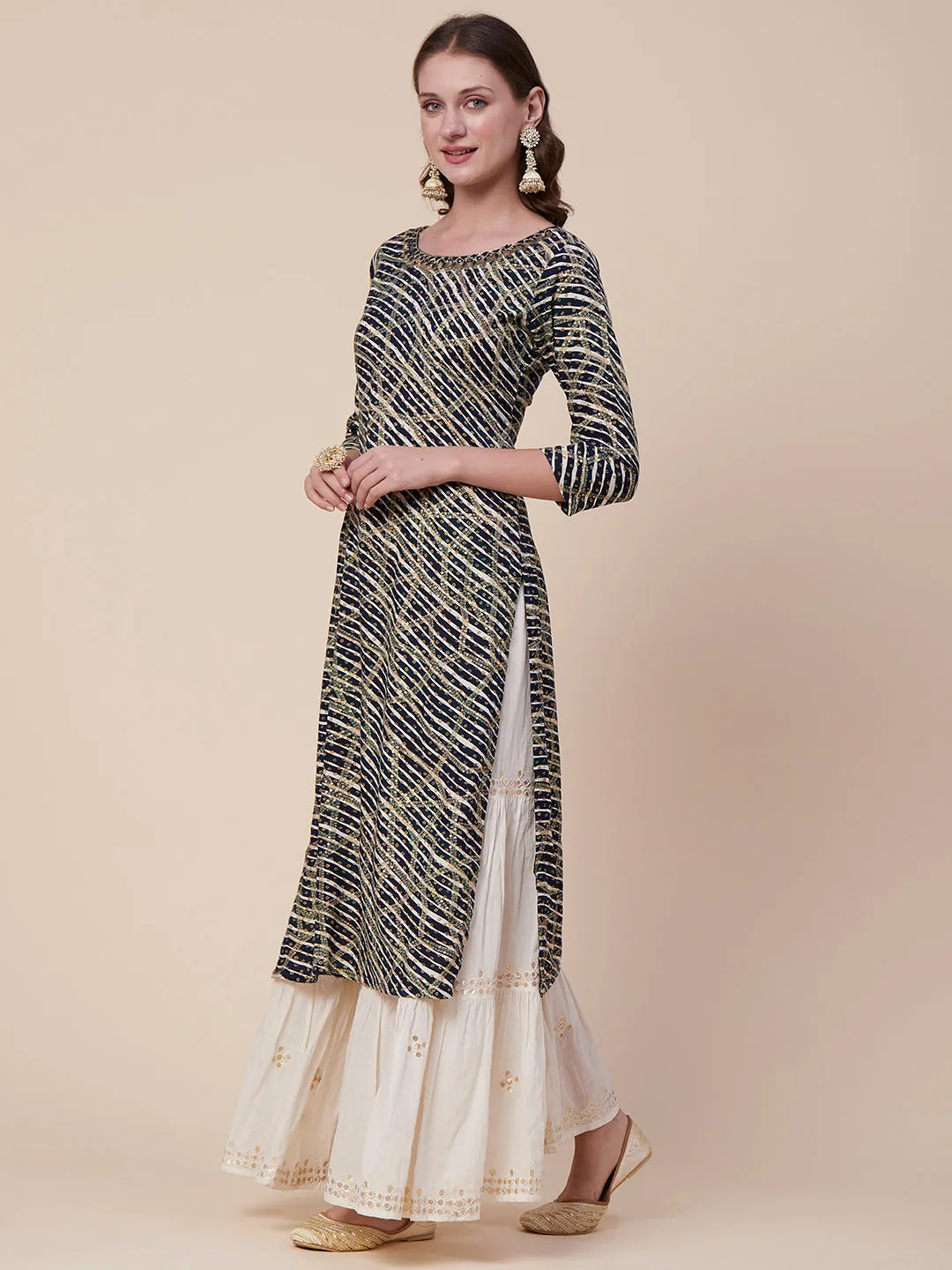 Abstract Printed Mirror, Sequins & Resham Embroidered Kurta - Navy Blue