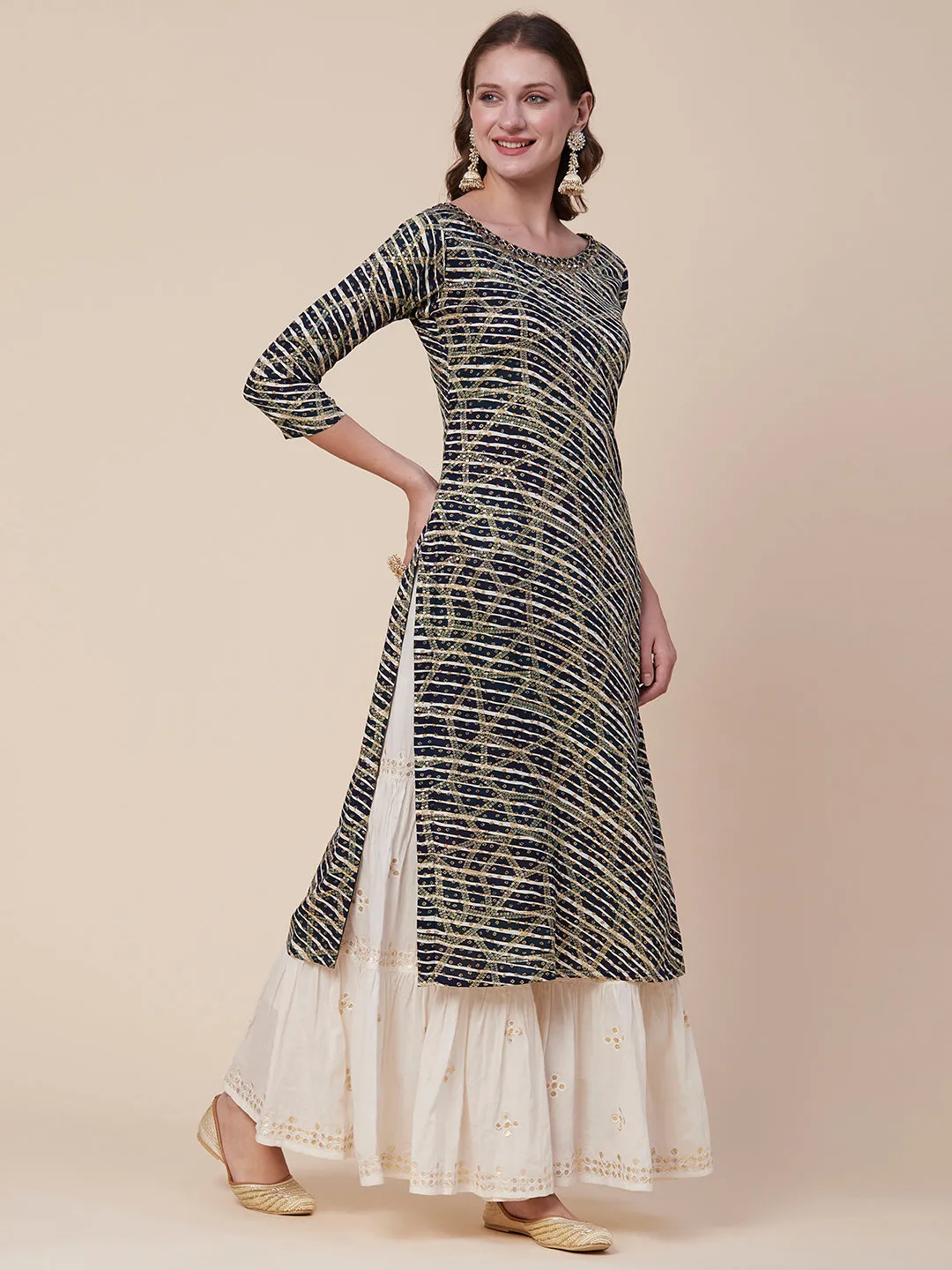 Abstract Printed Mirror, Sequins & Resham Embroidered Kurta - Navy Blue