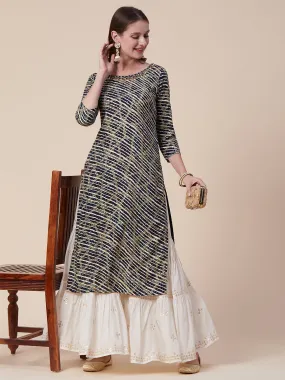 Abstract Printed Mirror, Sequins & Resham Embroidered Kurta - Navy Blue