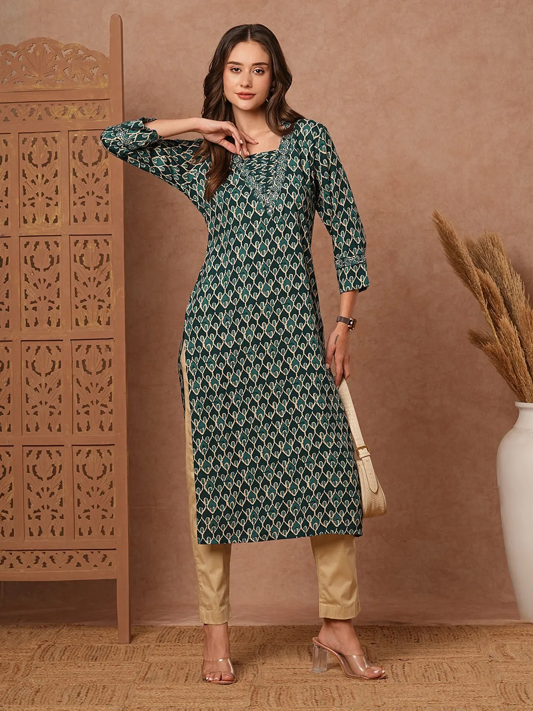 Abstract Printed Resham, Zari & Mirror Embroidered Kurta - Teal