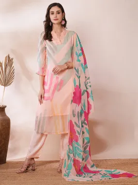 Abstract Printed Straight Fit Kurta with Pant and Printed Dupatta - Peach