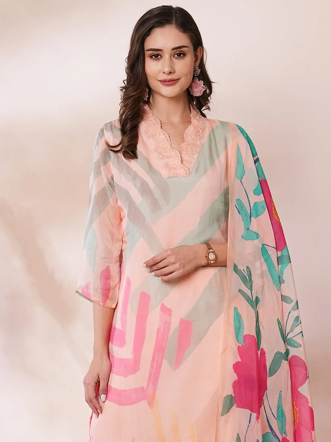 Abstract Printed Straight Fit Kurta with Pant and Printed Dupatta - Peach