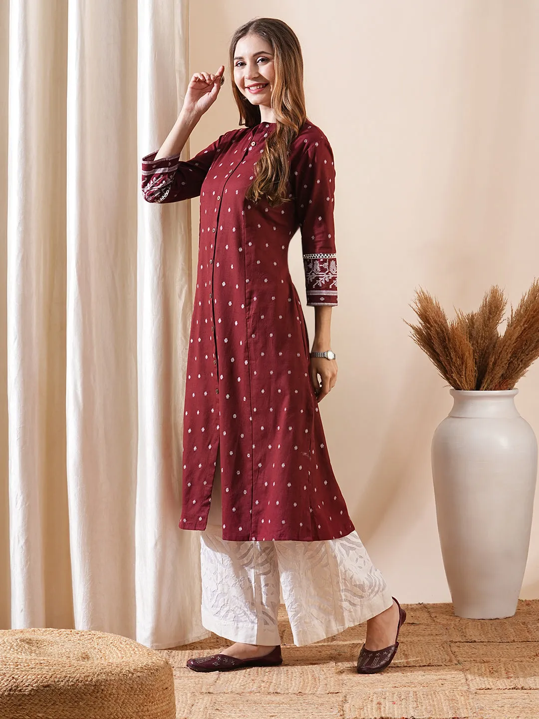 Embellished Maroon Kurta with Abstract Printed Wooden Buttons and Lace Details