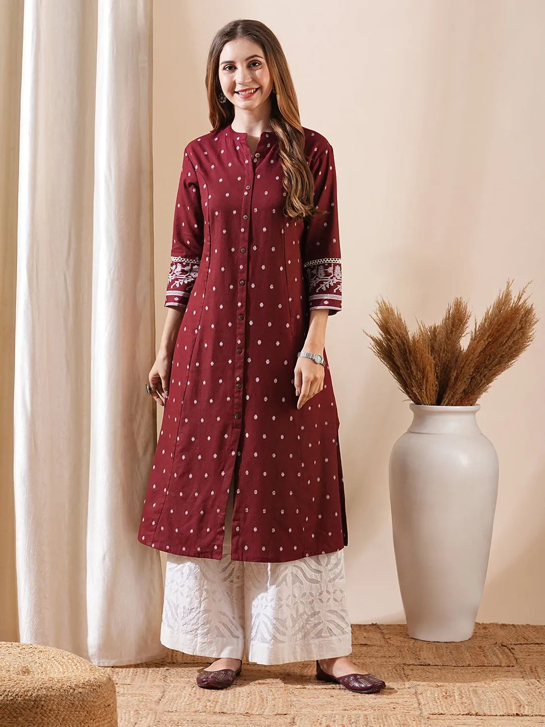 Embellished Maroon Kurta with Abstract Printed Wooden Buttons and Lace Details