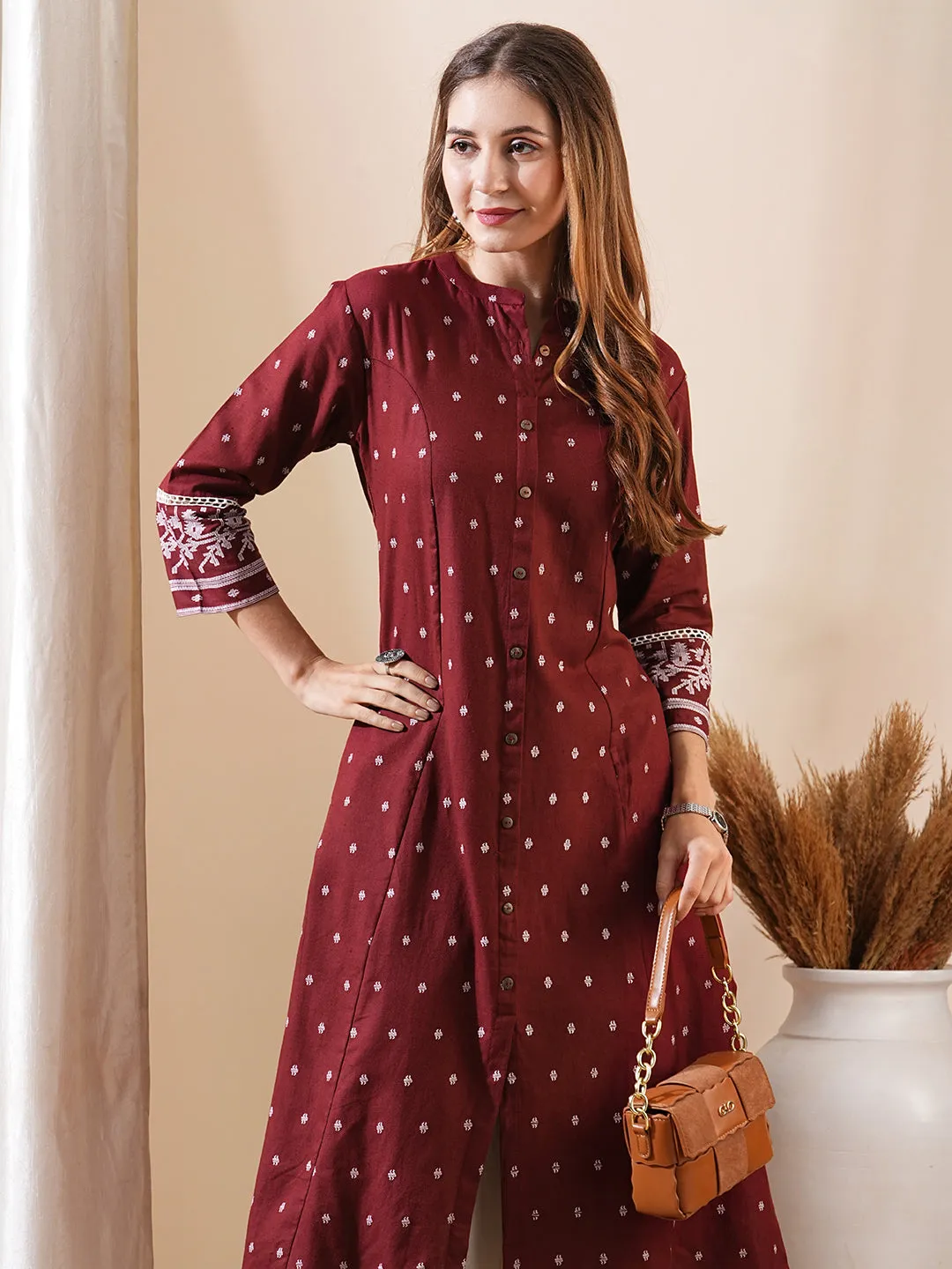 Embellished Maroon Kurta with Abstract Printed Wooden Buttons and Lace Details