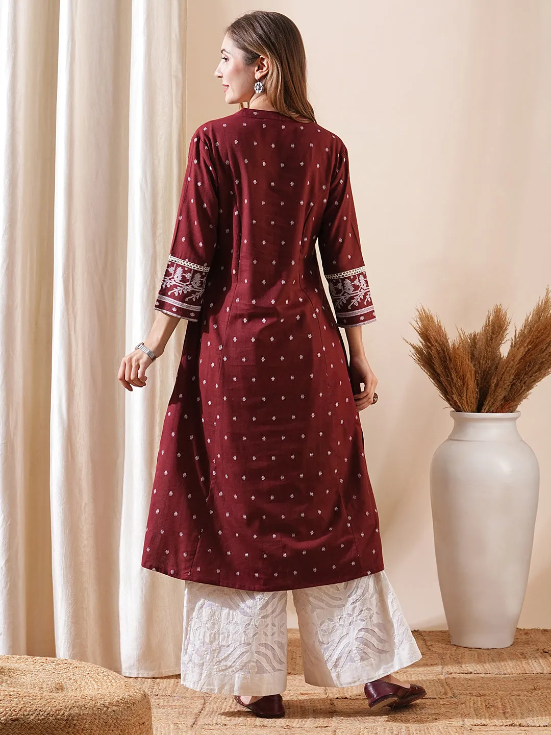 Embellished Maroon Kurta with Abstract Printed Wooden Buttons and Lace Details