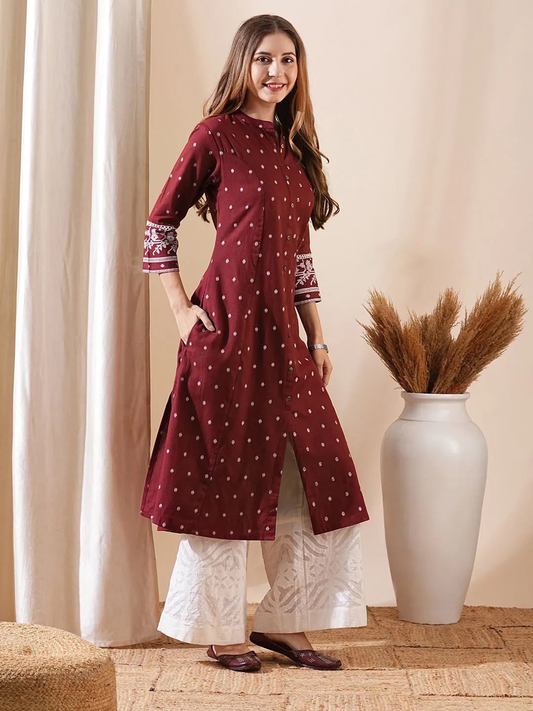 Embellished Maroon Kurta with Abstract Printed Wooden Buttons and Lace Details