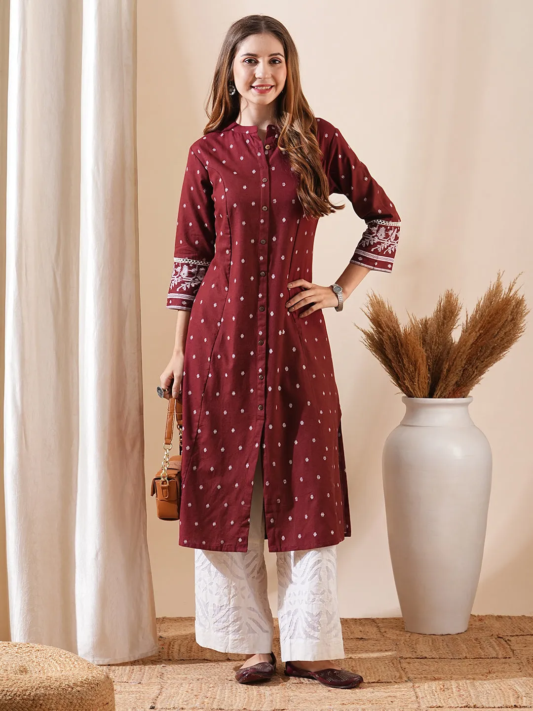 Embellished Maroon Kurta with Abstract Printed Wooden Buttons and Lace Details