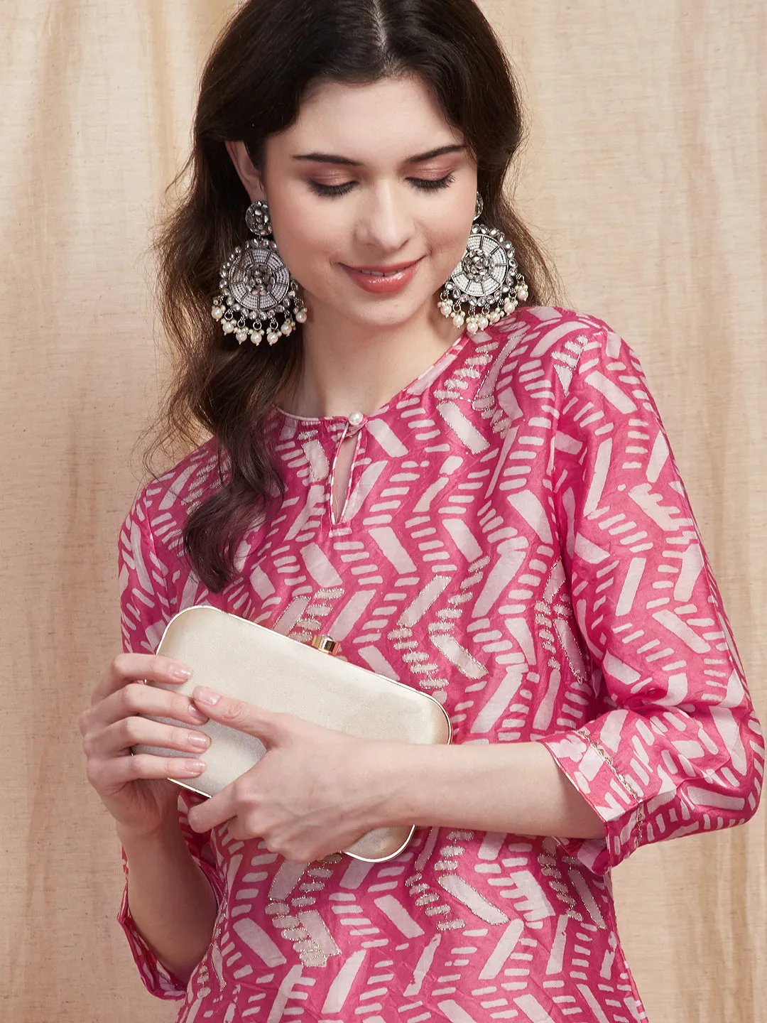 Abstract Printed Zari Embroidered Kurta - Pink