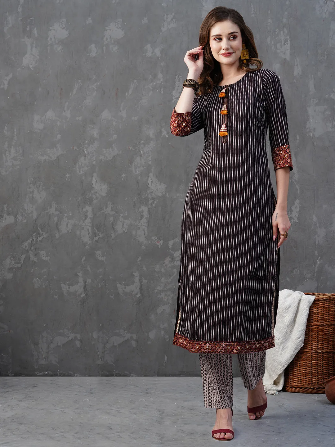 Abstract-Stripes Printed Mirror & Resham Embroidered Kurta with Pants & dupatta - Black