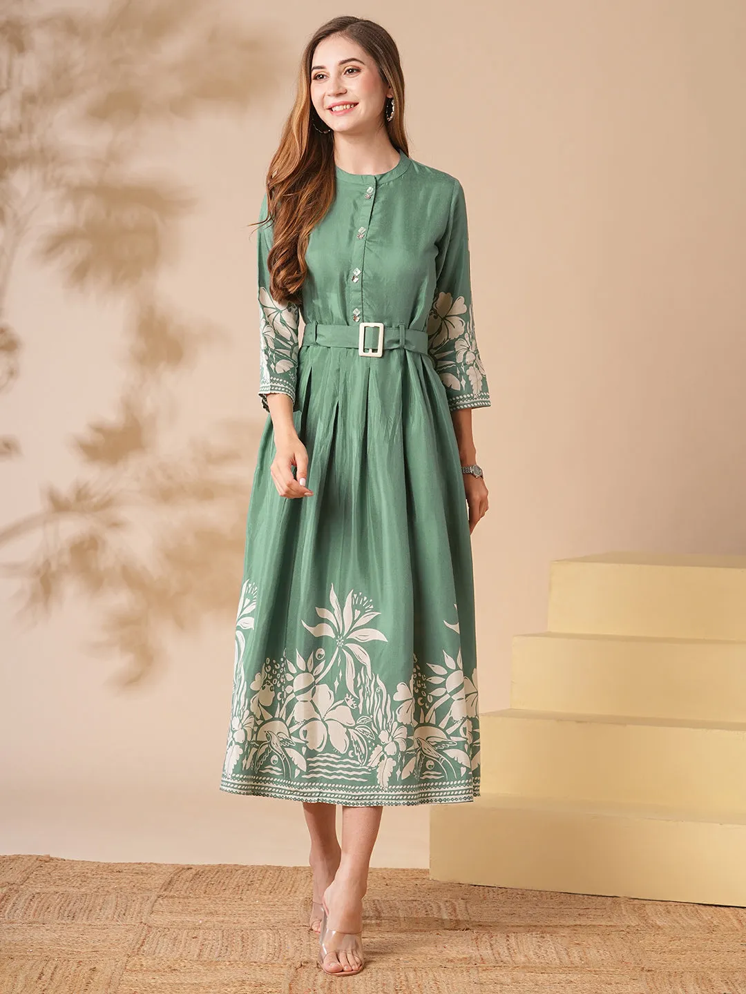 Abstract Tropical Printed A-Line Midi Dress with Belt - Green