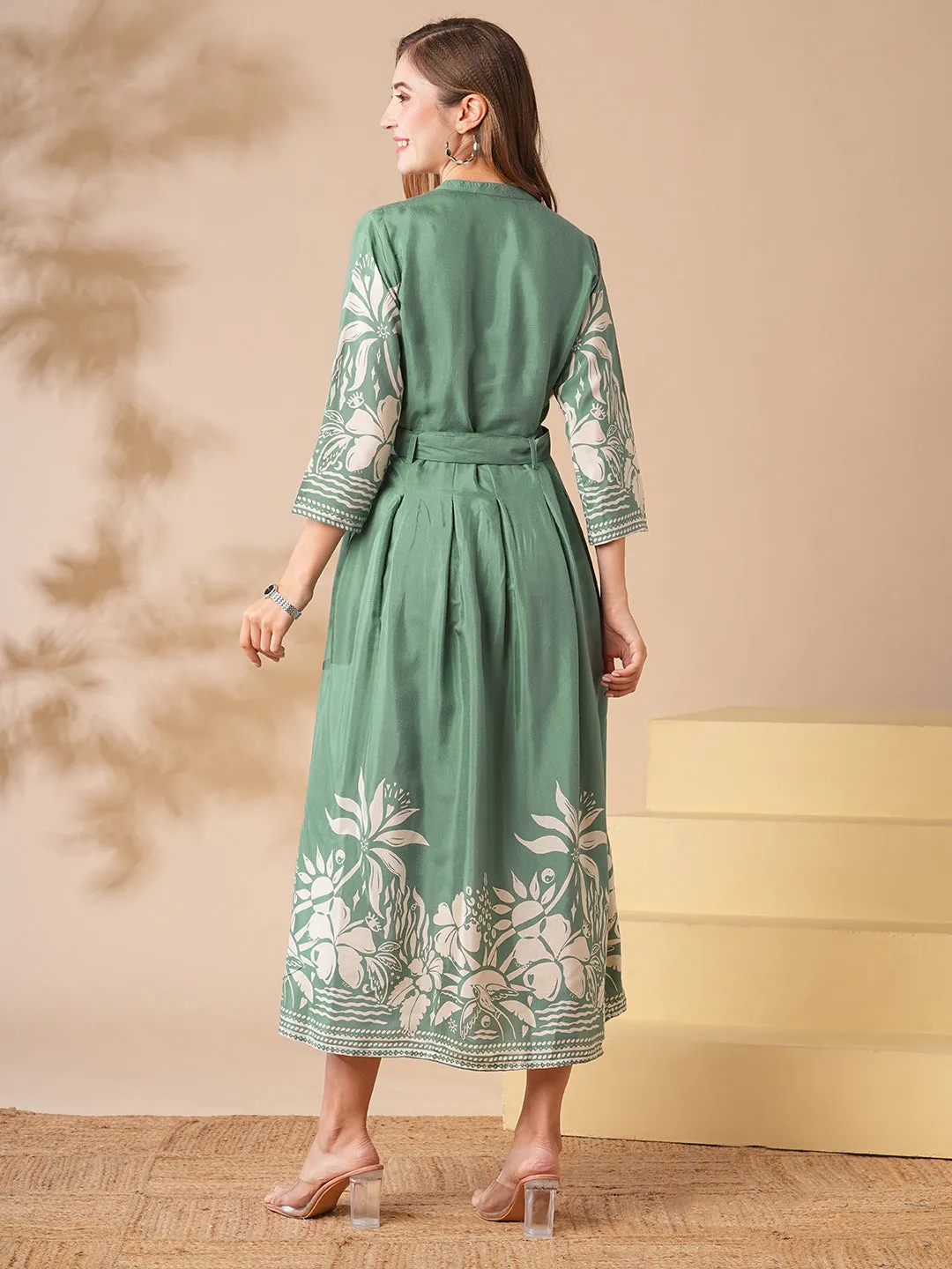 Abstract Tropical Printed A-Line Midi Dress with Belt - Green