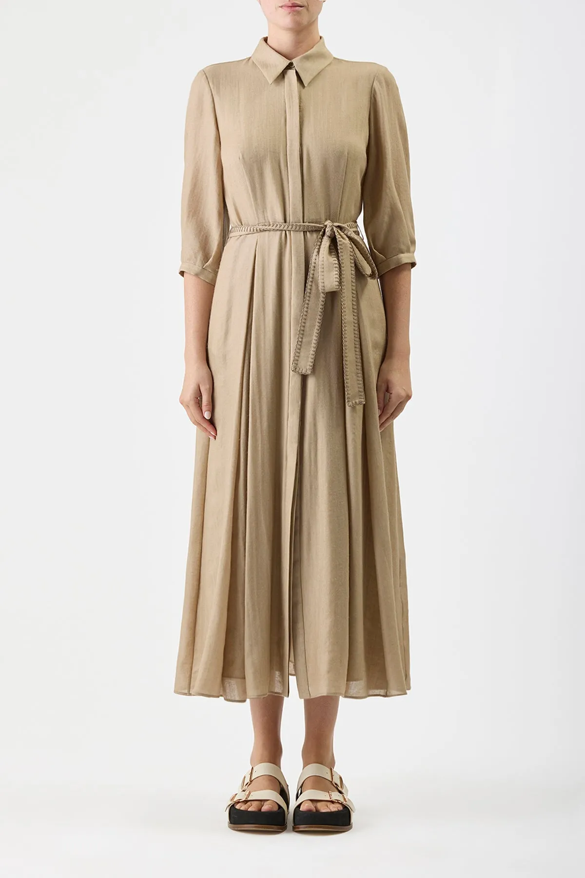 Andy Pleated Shirtdress in Khaki Virgin Wool Cashmere