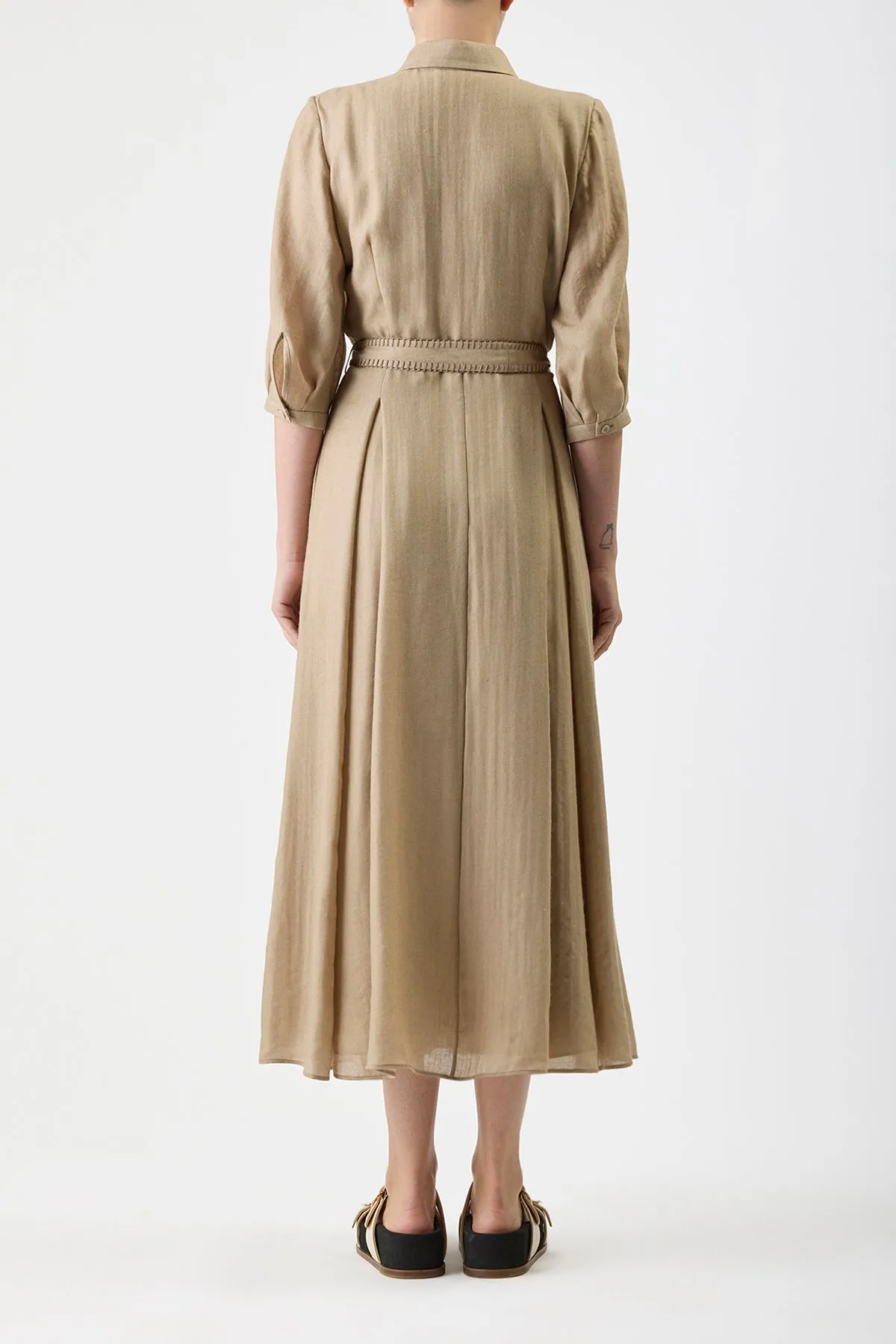 Andy Pleated Shirtdress in Khaki Virgin Wool Cashmere