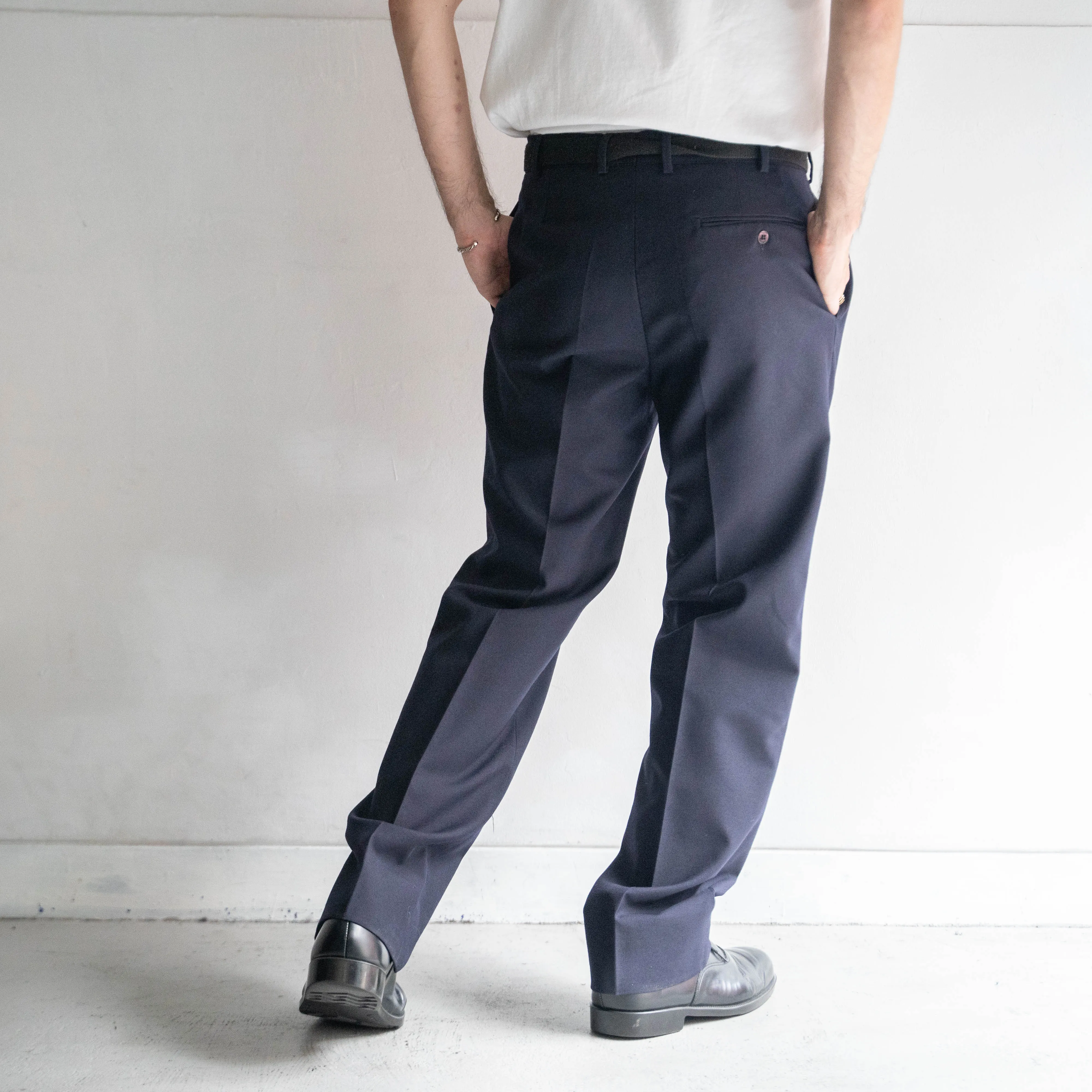 around 1990s Italian military? navy one tuck wool slacks -light weight- 'dead stock'