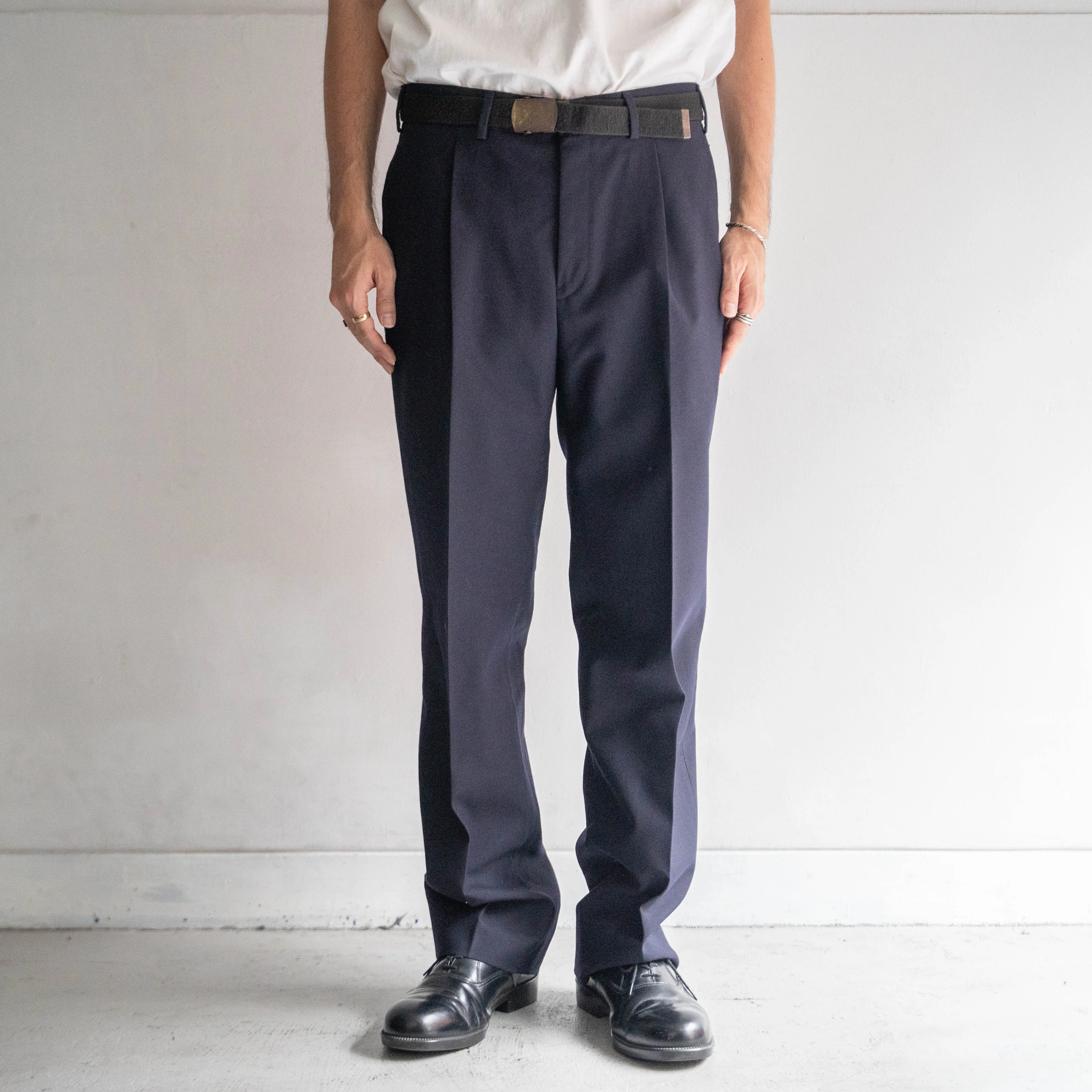 around 1990s Italian military? navy one tuck wool slacks -light weight- 'dead stock'