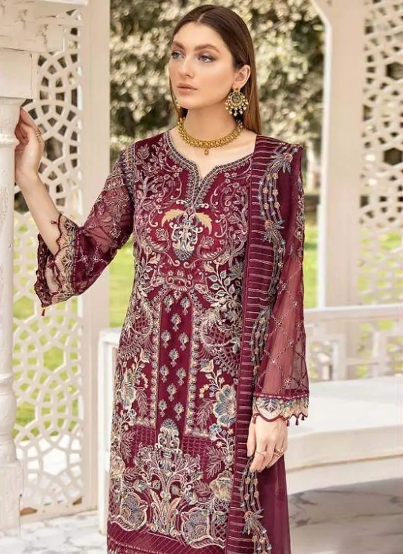 Astonishing Wine Color Georgette Base Zari And Dori Work Pakistani Salwar Suit