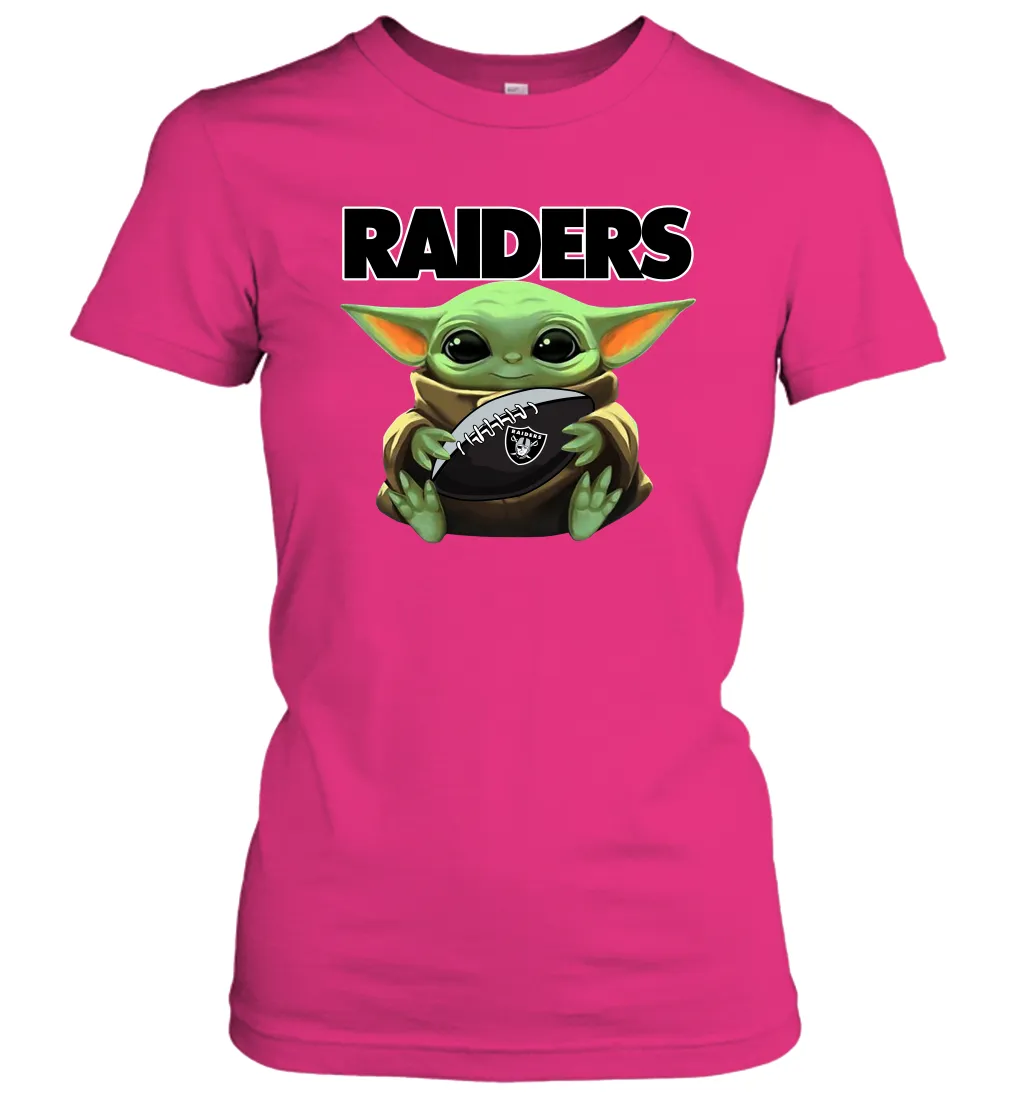 Baby Yoda Loves The Oakland Raiders Star Wars Baby Yoda Hugs Raiders NFL Womens T-Shirt