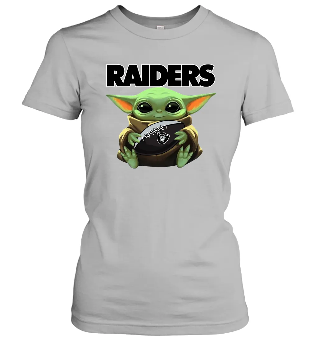 Baby Yoda Loves The Oakland Raiders Star Wars Baby Yoda Hugs Raiders NFL Womens T-Shirt