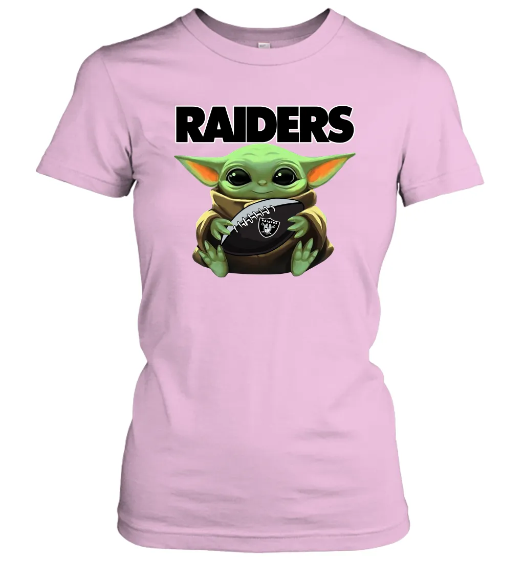 Baby Yoda Loves The Oakland Raiders Star Wars Baby Yoda Hugs Raiders NFL Womens T-Shirt