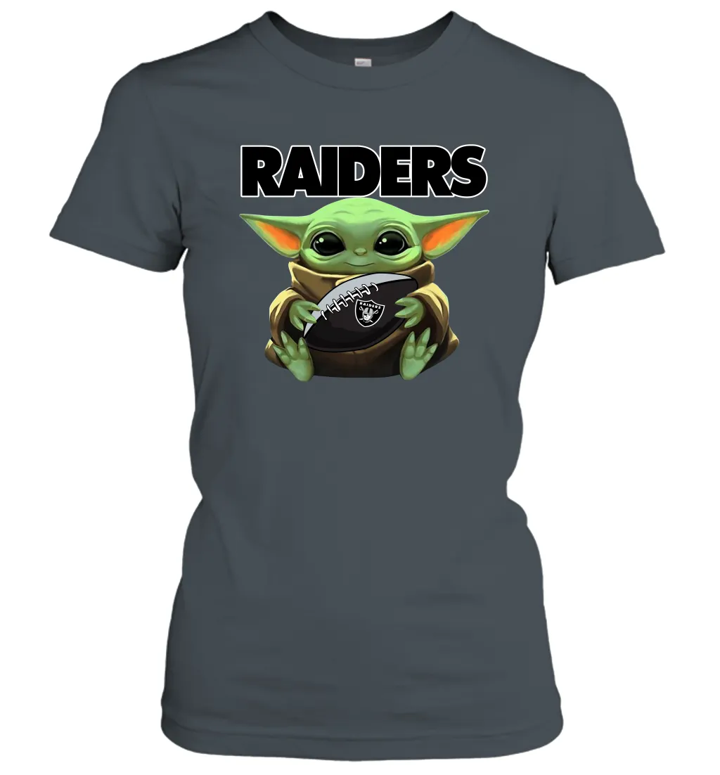 Baby Yoda Loves The Oakland Raiders Star Wars Baby Yoda Hugs Raiders NFL Womens T-Shirt