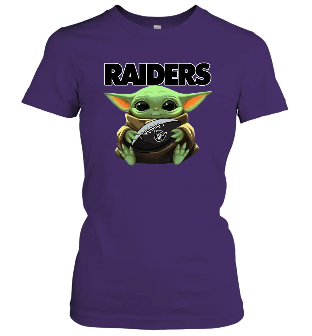 Baby Yoda Loves The Oakland Raiders Star Wars Baby Yoda Hugs Raiders NFL Womens T-Shirt