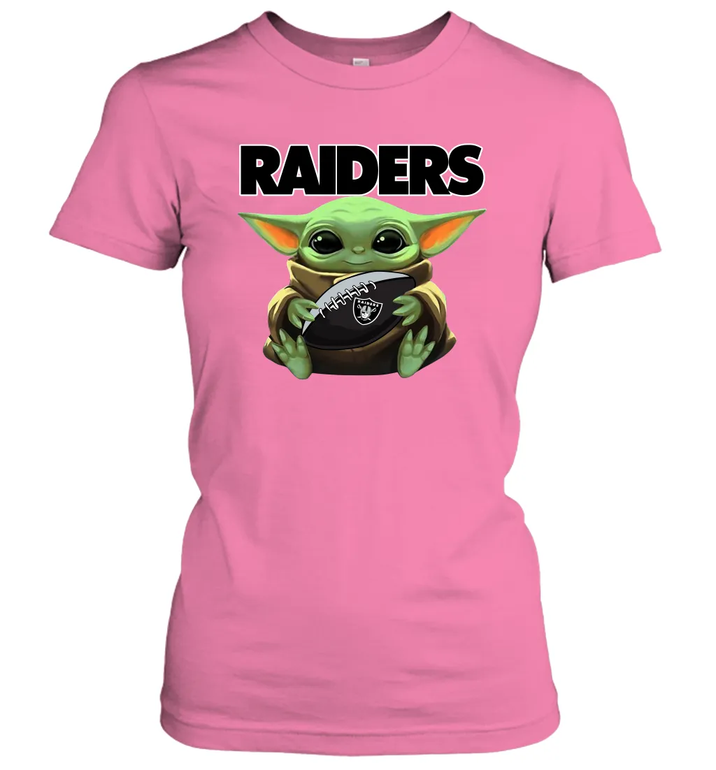 Baby Yoda Loves The Oakland Raiders Star Wars Baby Yoda Hugs Raiders NFL Womens T-Shirt