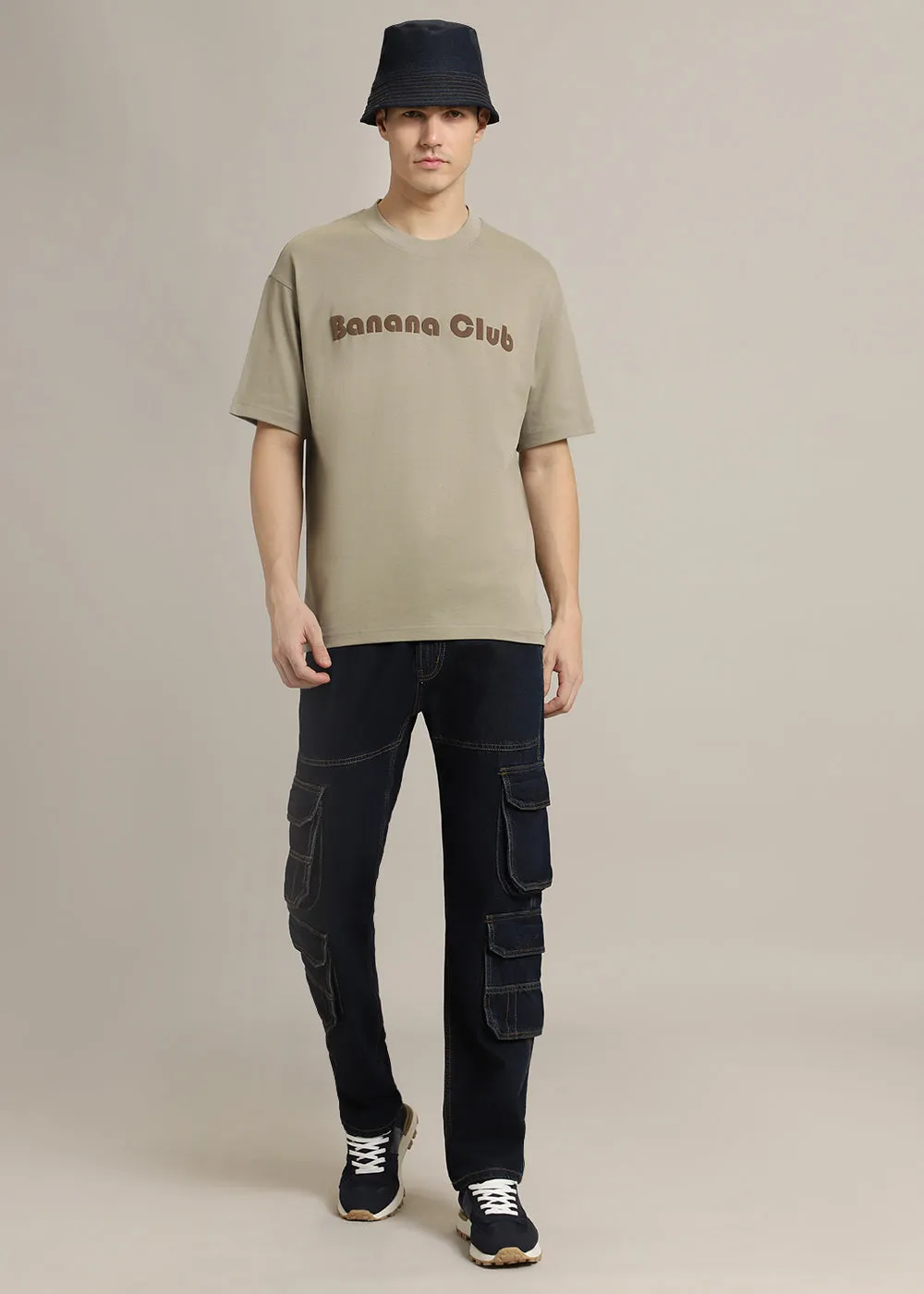 Banana Club Embossed Tan Oversized Fit T-shirt