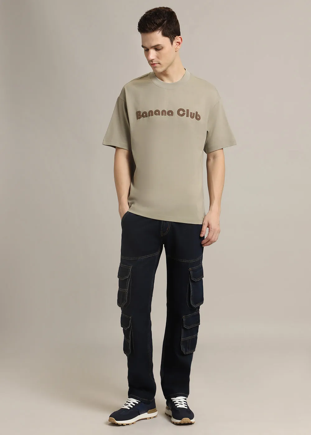 Banana Club Embossed Tan Oversized Fit T-shirt