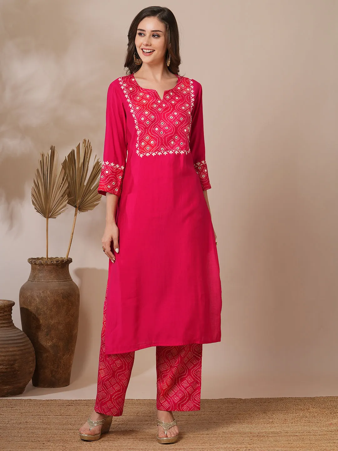 Bandhani Printed & Floral Mirror Embroidered Straight Fit Kurta with Pant - Red