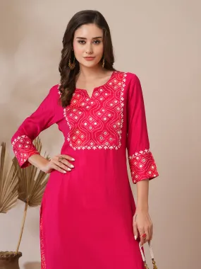 Bandhani Printed & Floral Mirror Embroidered Straight Fit Kurta with Pant - Red