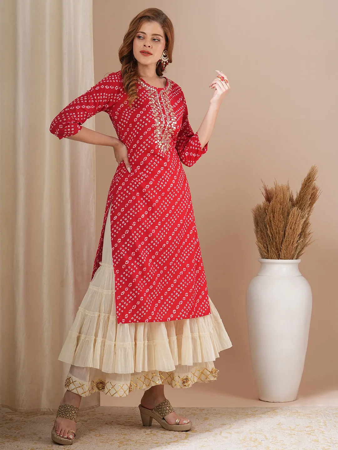 Bandhani Printed & Gota Patti Embroidered Straight Fit Kurta - Red