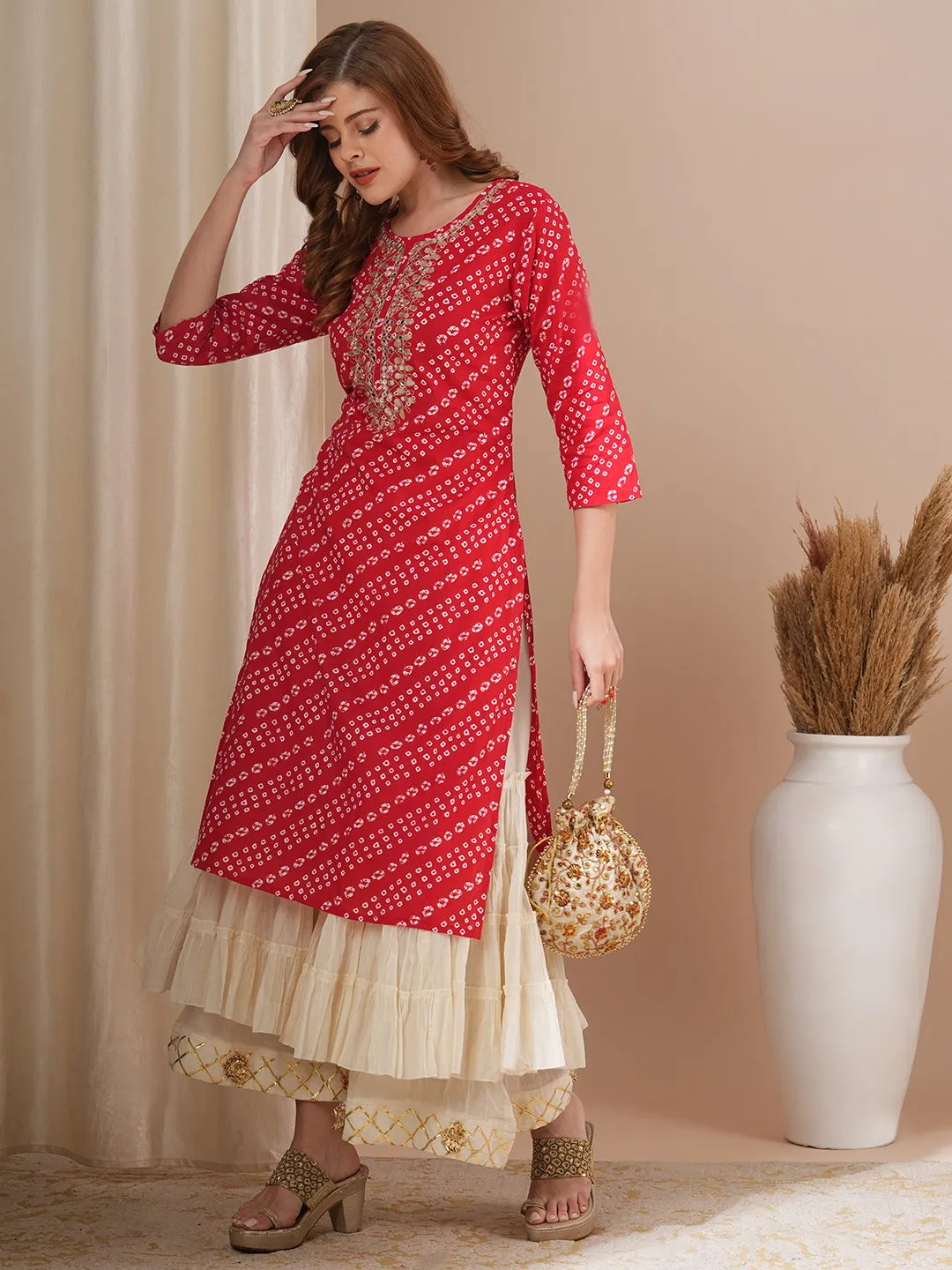 Bandhani Printed & Gota Patti Embroidered Straight Fit Kurta - Red