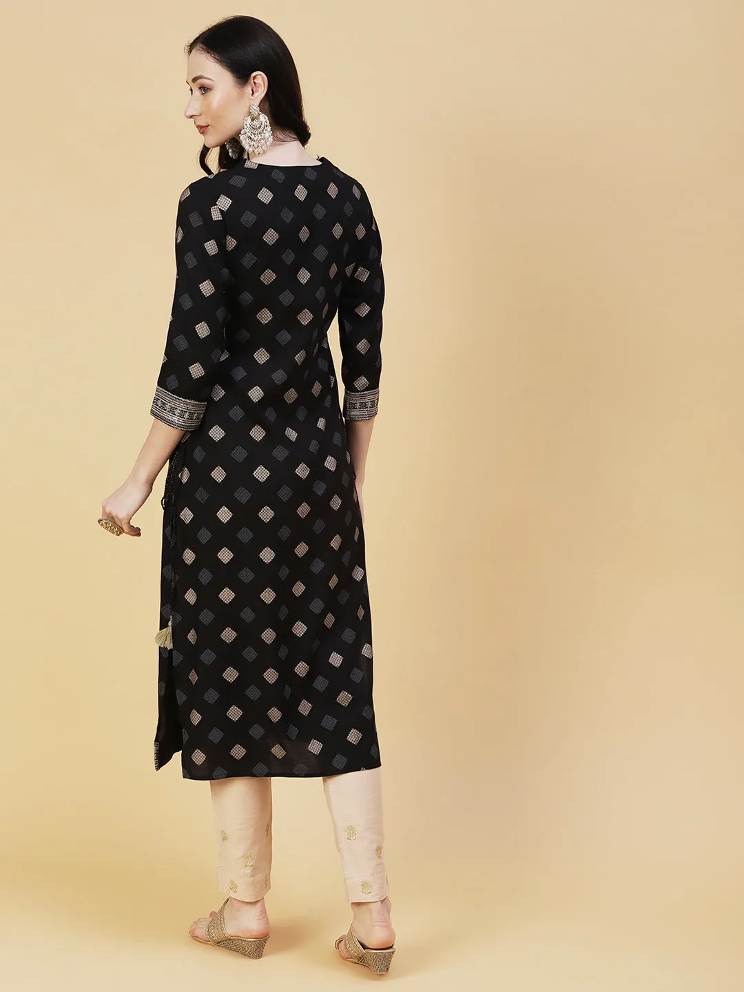 Barfi Printed Resham & Sequins Embroidered Tasseled Kurta - Black