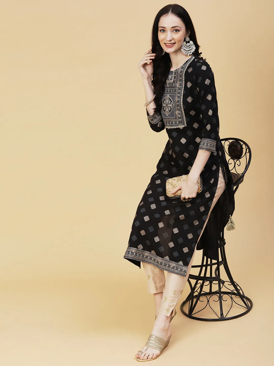 Barfi Printed Resham & Sequins Embroidered Tasseled Kurta - Black