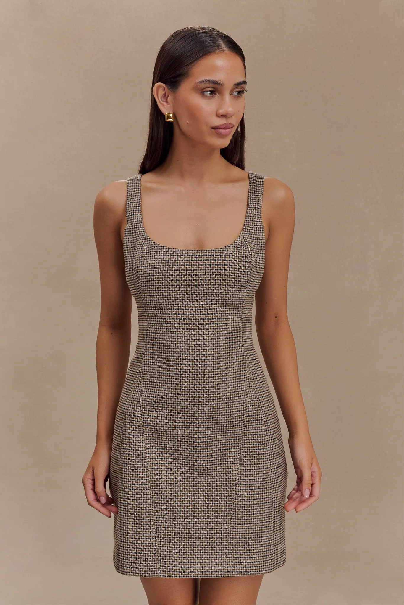 Beth Mini Dress - Tan Check