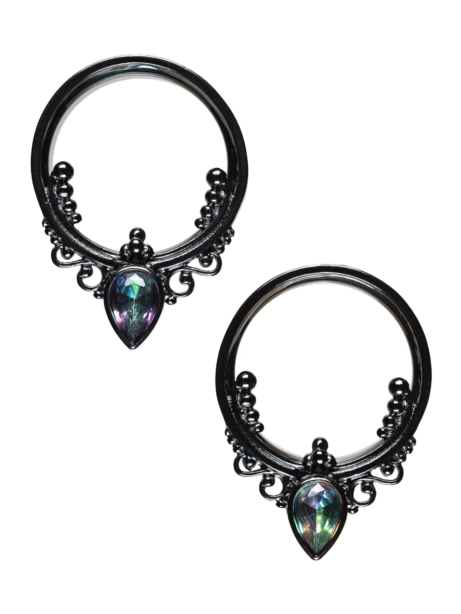 Black Single Prong Vitrail Gem Double Flared Steel Tunnels