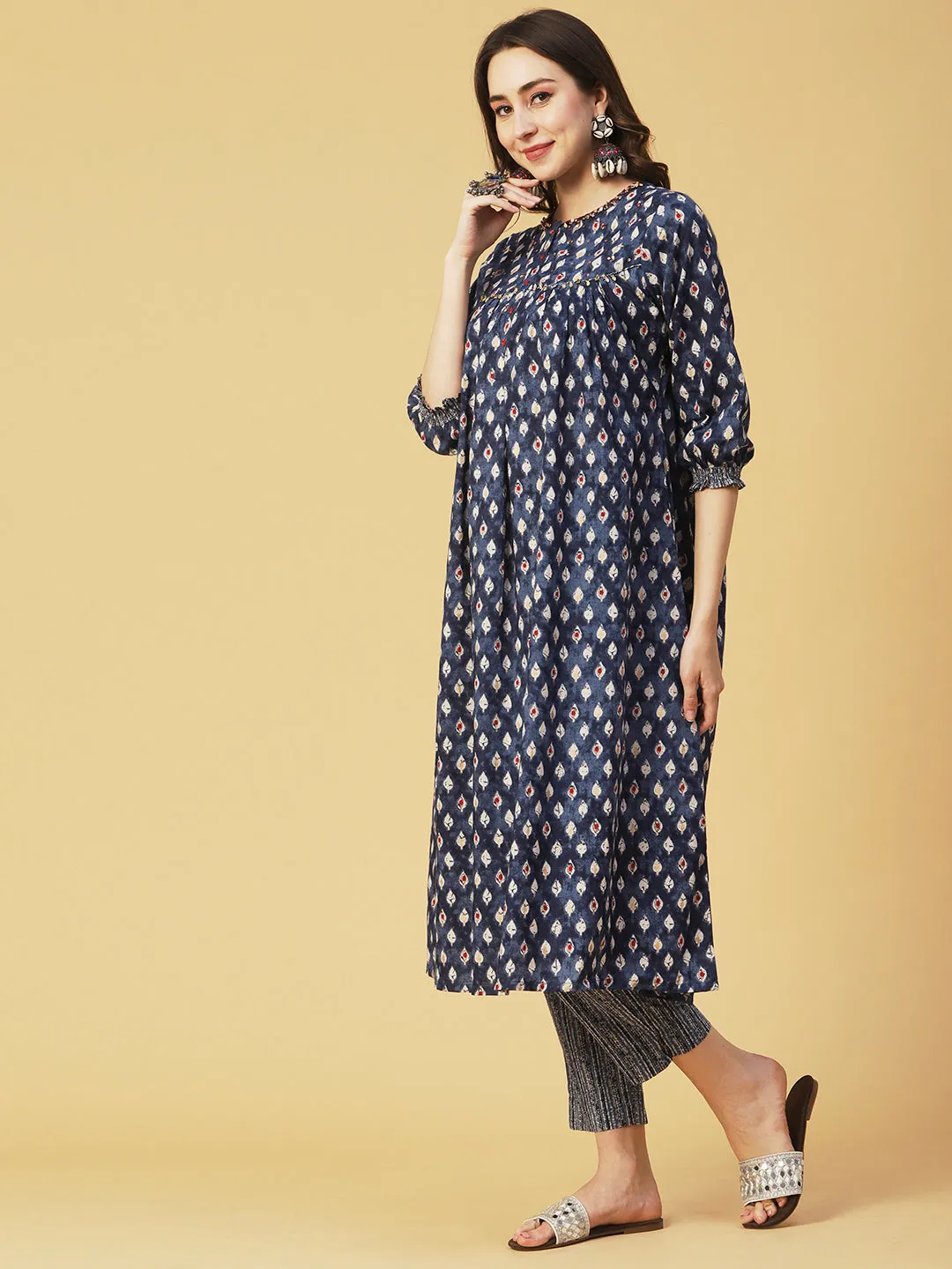 Block & Khari Printed Sequins & Leaf Tikki Embroidered Kurta With Pants - Indigo Blue