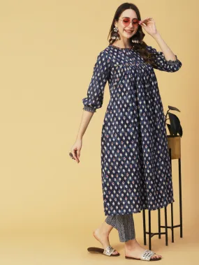 Block & Khari Printed Sequins & Leaf Tikki Embroidered Kurta With Pants - Indigo Blue