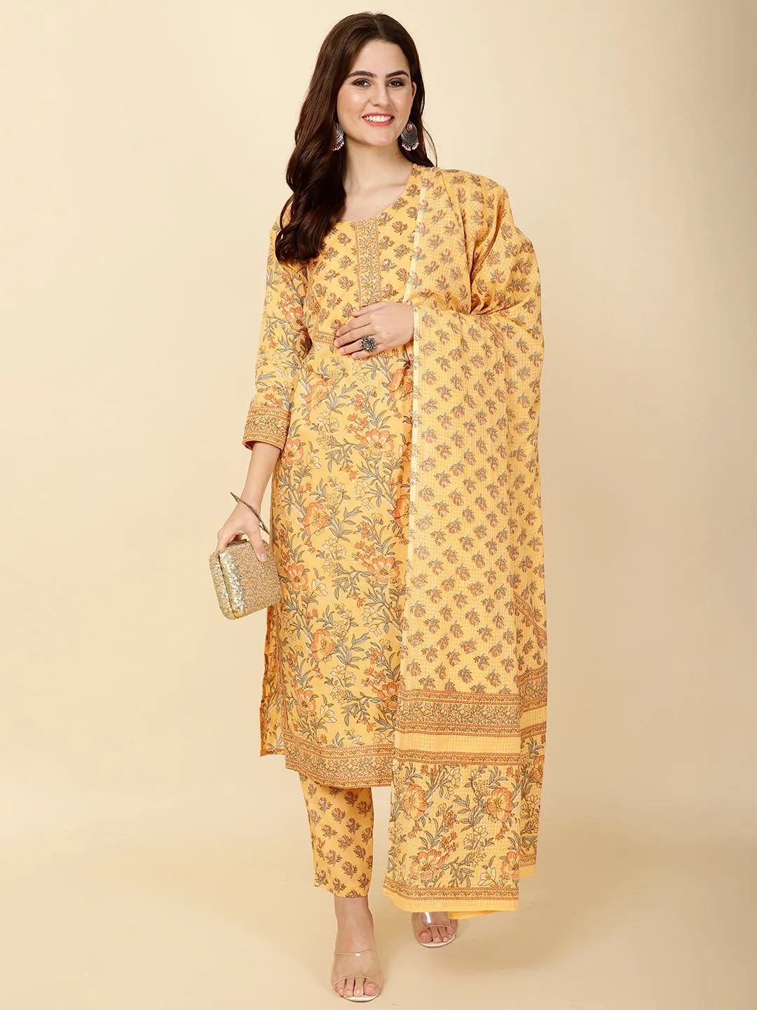 Block Print Cotton Suit Set With Dupatta