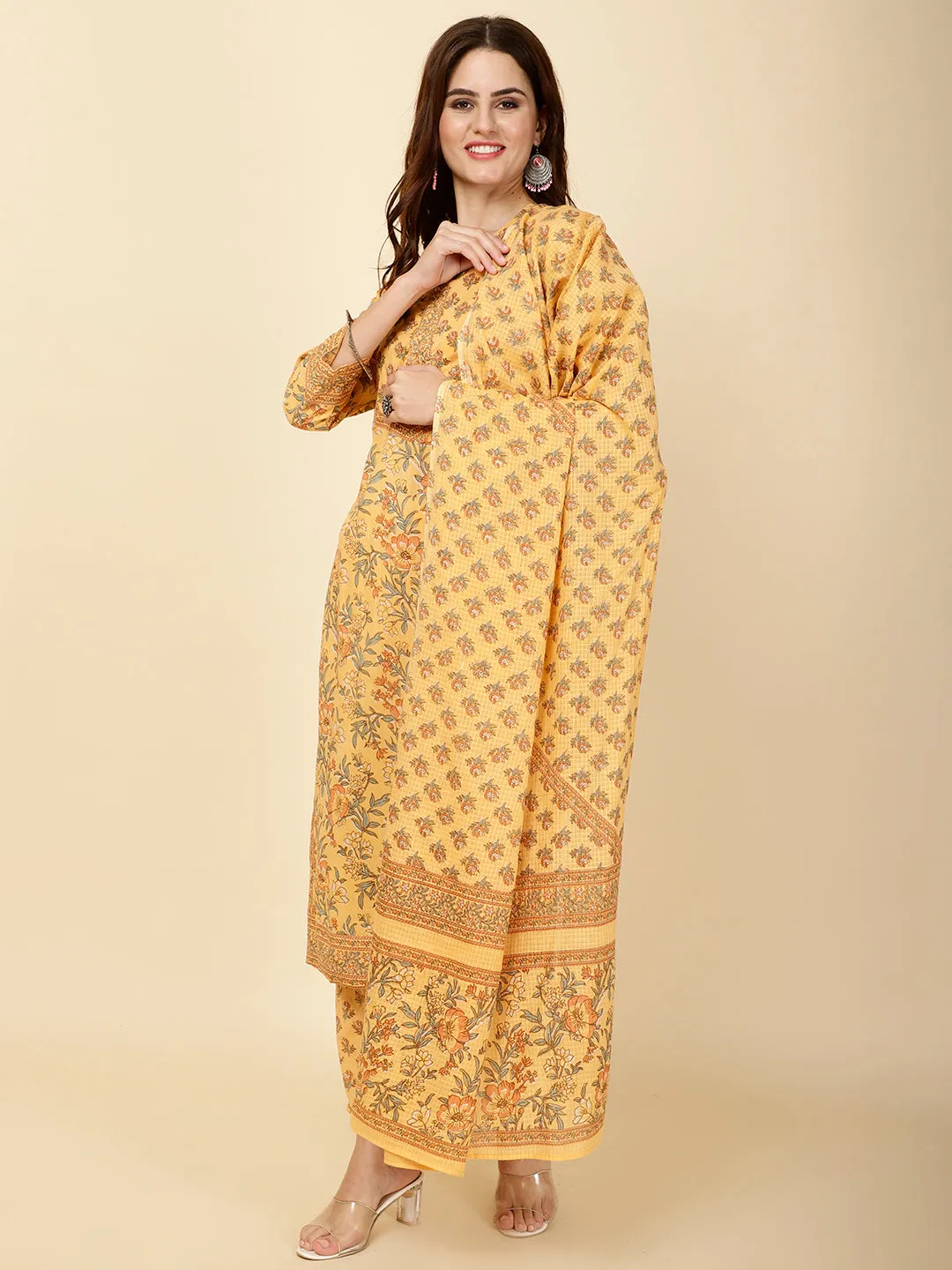 Block Print Cotton Suit Set With Dupatta