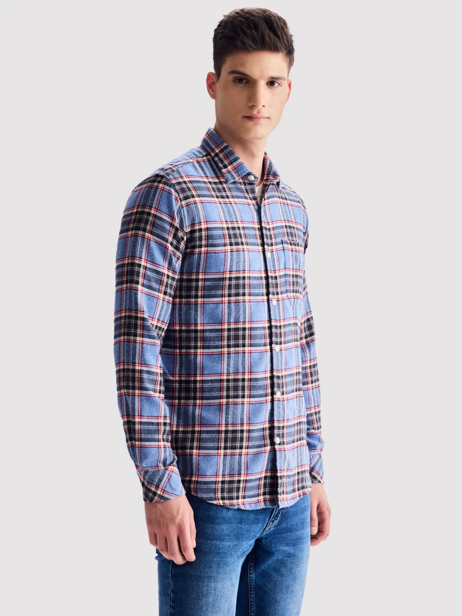 Blue Brushed Cotton Checked Shirt